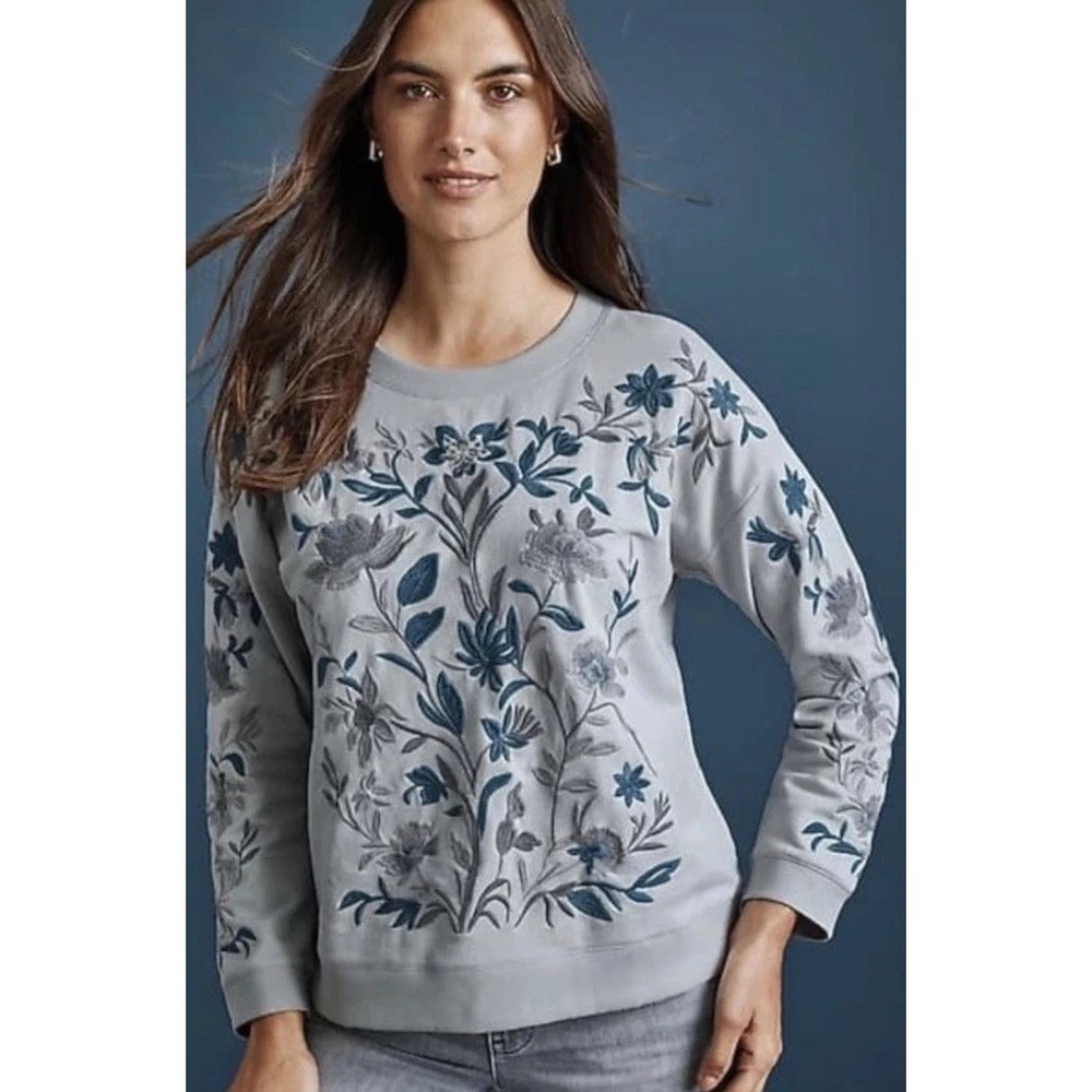 J.Jill Womens Gray Floral Embroidered Cotton French Terry Sweatshirt Size S